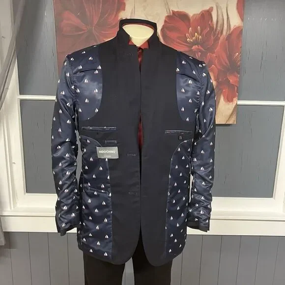 Indochino Blazer Bespoke Men 42-44R Wool Tailored Jacket Dark Navy Working Cuffs